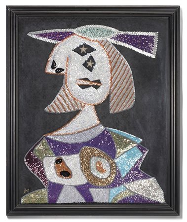 Enrico Baj "Femme" 1972
paillettes su damasco
cm 100x80
Firmato e numerato A.P.