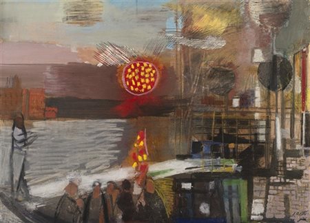 Bruno Saetti "Traghetto della Giudecca" 1955 tecnica mista su carta applicata su tela