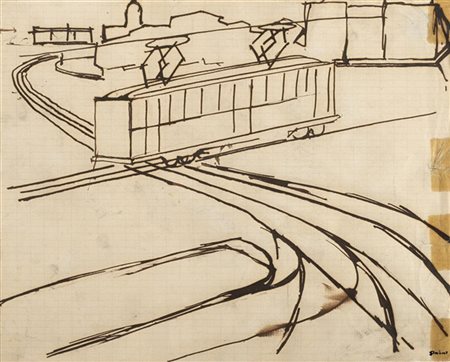 Mario Sironi "Paesaggio urbano con tram" 1920 circa
china su carta
cm 21,7x27,8