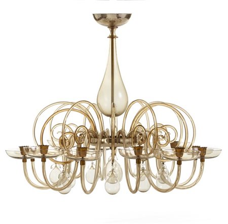 Seguso Vetri d'Arte Lampadario a dodici luci in vetro soffiato pagliesco con par