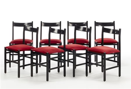 Luigi Massoni Lotto di otto sedie. Produzione Mobilia, Italia, anni '60. Legno m