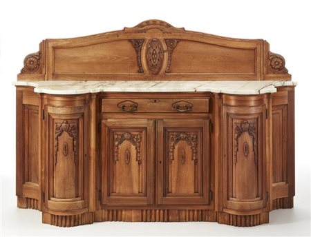 Mobile credenza déco in legno di noce massello intagliato a motivi vegetali geo