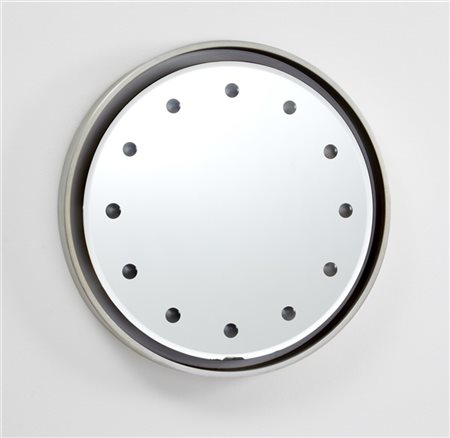 Specchio circolare retroilluminato con cornice in alluminio. Italia, anni '60.