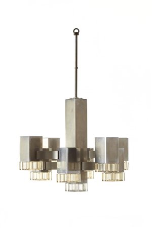 Gaetano Sciolari Lampada a sospensione a nove luci in metallo cromato, alluminio