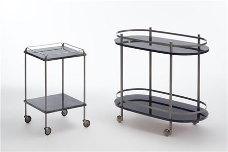 Aldo Tura Due carrelli. Lazzate, anni '70/'80. Struttura in ottone nichelato e p