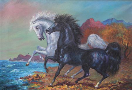 GONZAGA Giovan Francesco Milano 1921 - Milano 2007 Corsieri mitici, 1980 olio...