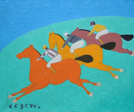 CESETTI Giuseppe Tuscania 1902 - Tuscania 1990 Tre fantini al galoppo olio su...
