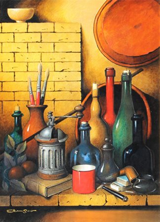 ETRUSCO Oggetti, 2001 encausto su tavola, cm. 70 x 50 Firma 'Etrusco' (in...