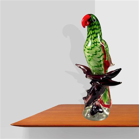 Manifattura di Muranoanni 80 circa50x30x15 cm.pappagallo su ramo in vetro...