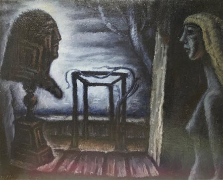 Enrico Allimandi RAGAZZA NELLO STUDIO olio su tela, cm 68x84 sul fronte:...