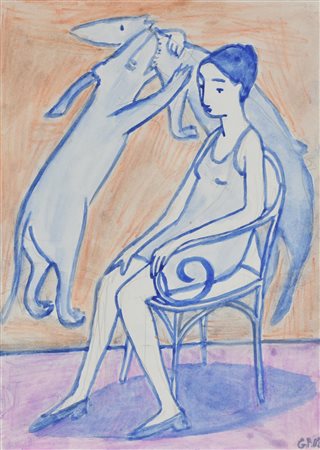 Giacomo Piussi FIGURA FEMMINILE CON BELVE acquerello e matita su carta, cm...