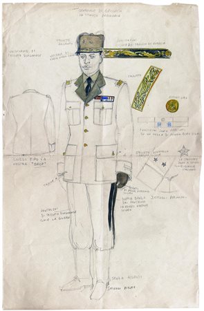 Anonimo STUDIO PER DIVISA MILITARE tecnica mista su carta, cm 43x27,5