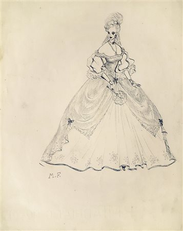 Ignoto STUDIO PER ABITO FEMMINILE matita e china su carta, cm 23x18 sigla...