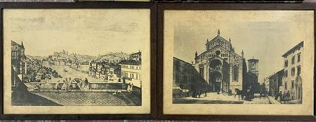 Lotto di quattro cornici contenenti stampe e riproduzioni diverse (difetti e ma