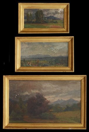 Scuola lombarda del XIX Secolo "Paesaggi" due dipinti ad olio su tavola e un di