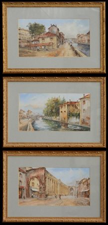 G. Pivetta Lotto composto da tre opere raffiguranti "Scorci di Milano" olio su t