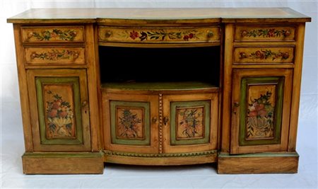 Credenza in legno laccato e dipinto a fiori a quattro ante, cinque cassetti e u