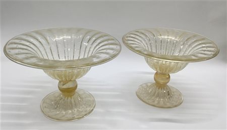 Manifattura di Murano
Coppia di alzate in vetro soffiato incolore costolato, co