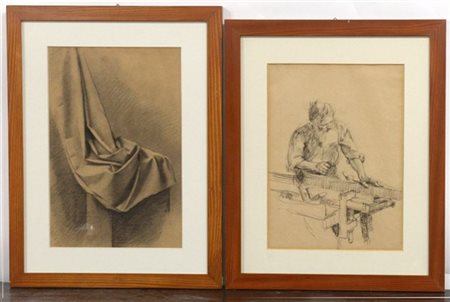 Secolo XIX / XX "Figura di falegname" e "Studio di panneggio" due disegni a mat