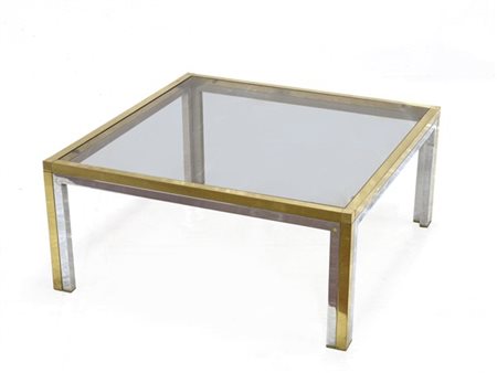Tavolino da salotto con struttura in metallo argentato e ottone, piano in legno