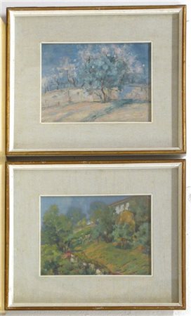 Firma indecifrata del XX Secolo "Paesaggi" coppia di dipinti ad olio su cartone