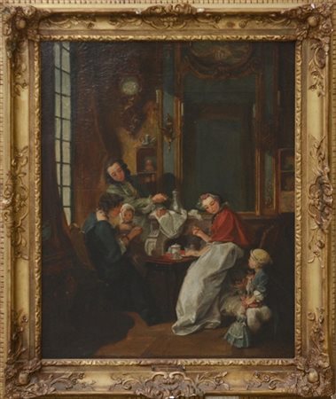 Scuola francese del secolo XIX "Scena di vita quotidiana" olio su tela (cm 81x6