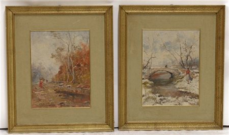 Alberto Ziveri "Paesaggi con pastorelle" coppia di dipinti ad olio su cartone te
