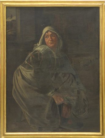 Scuola lombarda del secolo XVIII "Contadina in un interno" olio su tela (cm 122