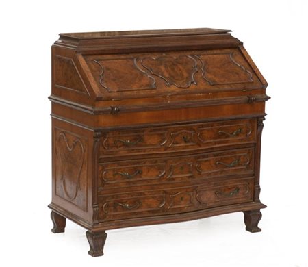 Ribalta lastronata in noce e radica di noce, anta ribaltabile celante quattro c