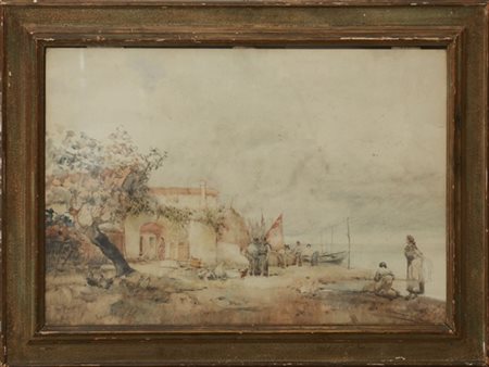 Firma indecifrata "Casa di pescatori nella laguna veneta" Acquarello su cartonc