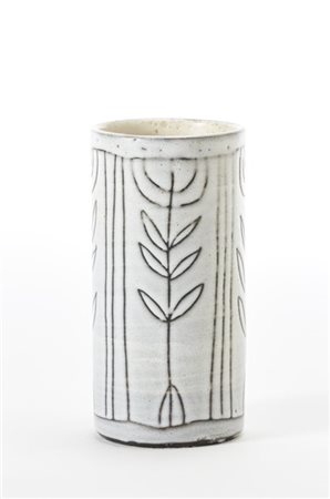 Manifattura francese
Vaso cilindrico in gres smaltato in bianco opaco con decor