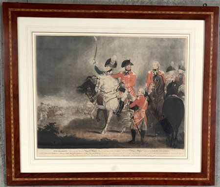 Coppia di grandi litografie a colori raffiguranti fatti militari con dedica al