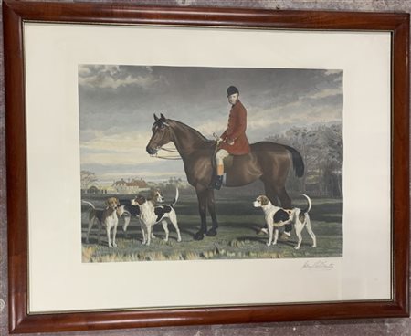Incisione a colori del secolo XIX raffigurante scena di caccia alla volpe (cm 6