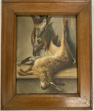 Ignoto "Cacciagione" olio su tavola (cm 41x33) Siglato in basso a destra. In co