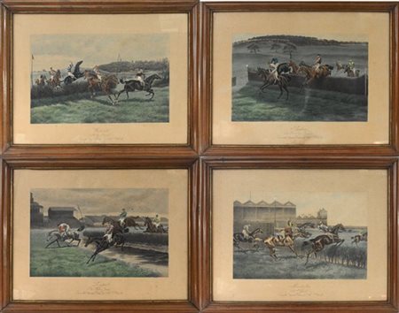 Gruppo di quattro stampe inglesi raffiguranti corse di cavalli (cm 55x 74) in c