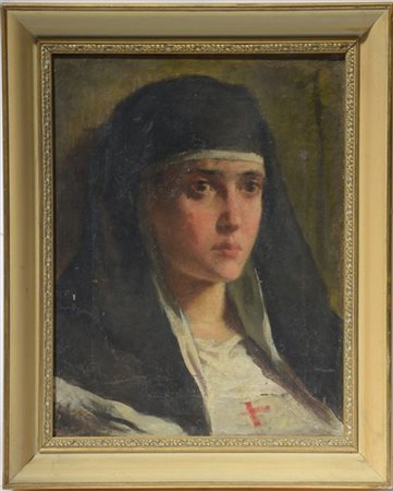 Lodovico Pogliaghi (Attribuito) "La crocerossina" olio su tela (cm 43x32.5) (dif