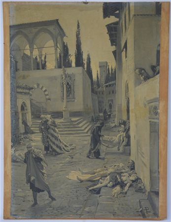 Lodovico Pogliaghi "La peste a Firenze" olio su carta applicata a compensato (cm