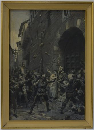 Lodovico Pogliaghi "Saccheggio della casa dei Torriani" olio su cartone pressato