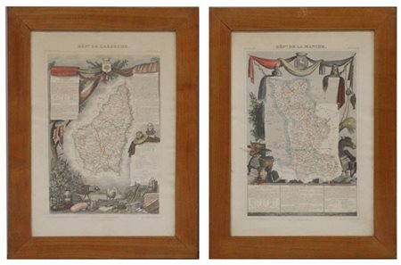 Coppia di litografie francesi a colori del secolo XIX raffiguranti carte geogra