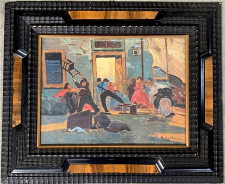 R. Natali "La rissa" olio su tavola (cm 31x40) Firmato in basso a destra. In cor