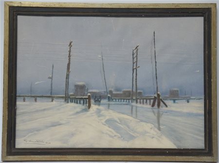 Giovanni Lentini "Paesaggio innevato" 1932, tempera su carta (cm 42x59.5) Firmat