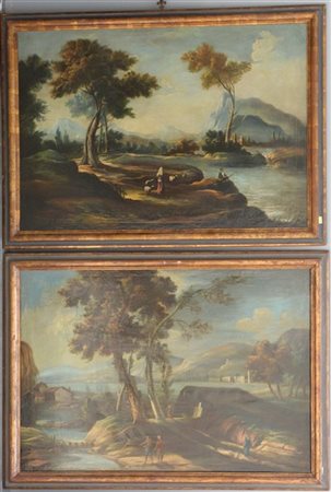 Ignoto "Paesaggi con viandanti" coppia di dipinti ad olio su tela (cm 69x98) in