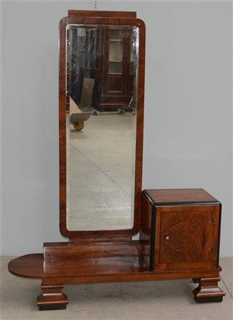 Mobile da ingresso impiallacciato in legno di noce con specchiera e contenitore