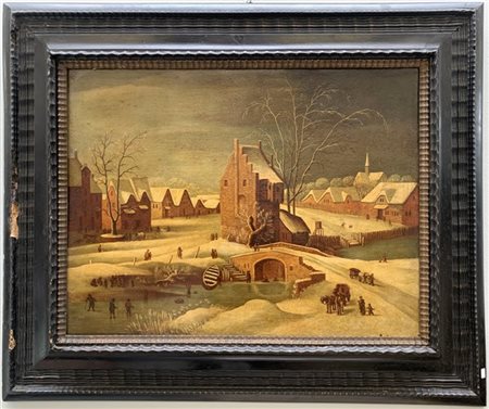 Ignoto, copia da Pieter Bruegel il Giovane "Paesaggio innevato" olio su tela 