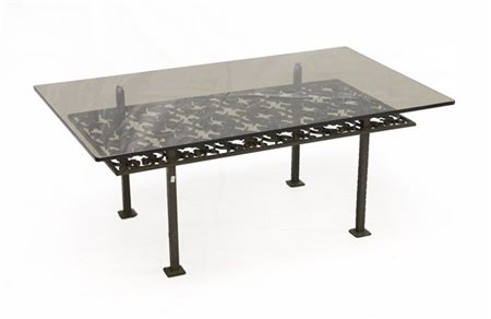 Tavolino da salotto in ferro battuto con piano in vetro fumè (cm 100x40x60) (di