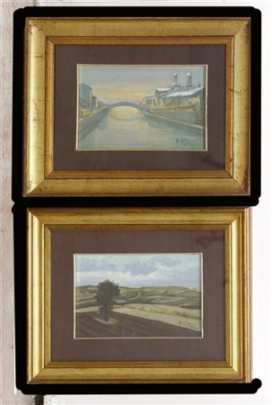 Firma indecifrata "Scorco del Naviglio" e "Paesaggio" due dipinti ad olio su ma