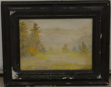 Firma indecifrata "Paesaggio con alberi" tecnica mista su cartoncino (cm 23x30)