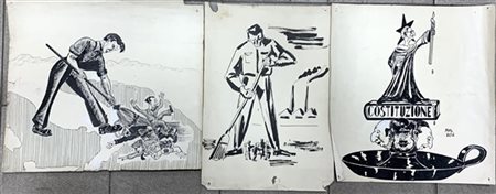 Lotto composto da cinque disegni umoristici a pennarello su carta, di soggetti