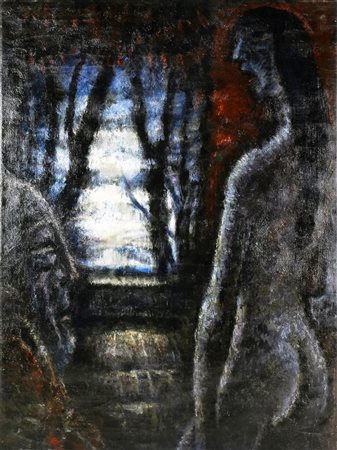 Enrico Allimandi LA MASCHERA E LA FANCIULLA olio su tela, cm 90x66 firma e...