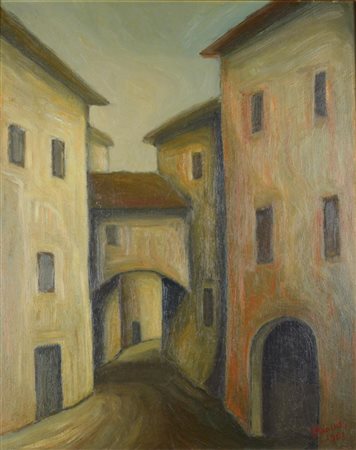 Mario Bianchi CASE olio su faesite, cm 50x40 firma e datato eseguito nel 1968